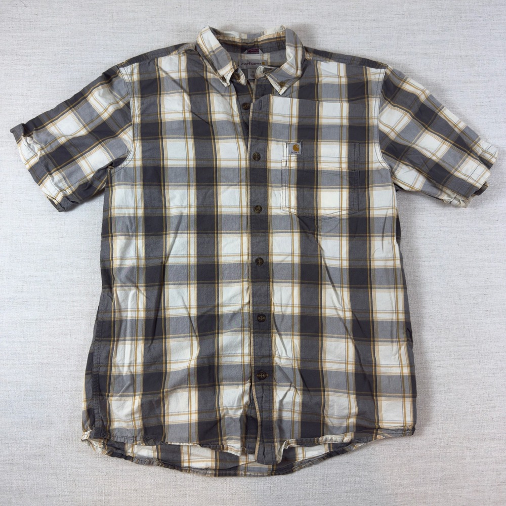 Carhartt Mens Relaxed Fit Plaid Short Sleeve Button Down Shirt Grey Yellow M